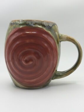 Studio Pottery Mug Handmade Drip Glaze Green Brown Swirl Coffee Tea Cup Mug